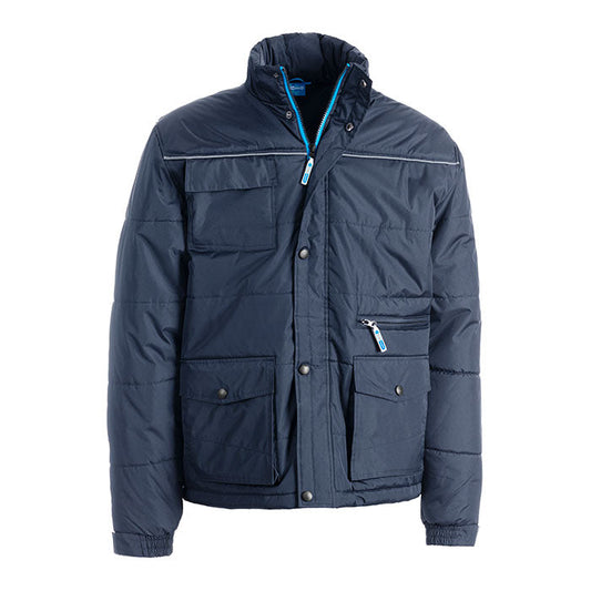 Giubbino da Lavoro Sottozero Report – 100% Poliestere Spalmato PVC, Imbottitura 180g/m², DPI 1ª Cat. UNI EN 14058, Cappuccio Richiudibile, Piping Silver Fluo Petto e Dorso, Coulisse in Vita