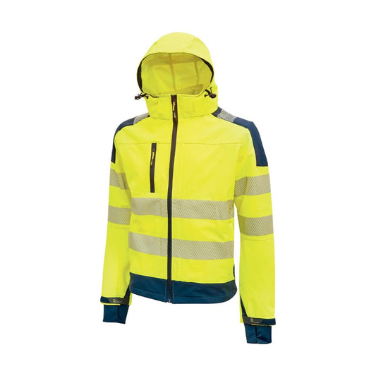 Giacca Alta Visibilità U-Power Miky HV – Softshell Stretch Antivento Idrorepellente, Cappuccio Staccabile, Polsini Pollice, Zip YKK