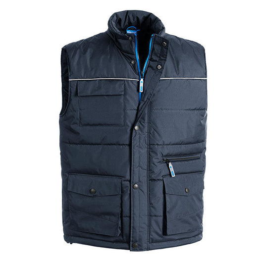 Gilet da Lavoro Sottozero Sword – 100% Poliestere Spalmato PVC Senza Maniche, Imbottitura 180g/m², DPI 1ª Cat. UNI EN 14058, Piping Silver Fluo Spalle e Dorso, Coulisse in Vita, 7 Tasche