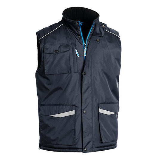 Gilet da Lavoro Sottozero Taylor – Poliestere Ripstop Spalmato PVC Senza Maniche, Imbottitura 180g/m², DPI 1ª Cat. UNI EN 14058, Soffietto Laterale, Cappuccio Richiudibile con Pile, Piping Silver Fluo