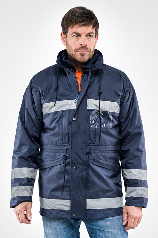 Parka da Lavoro Sottozero Urban Parka 2-in-1 – 100% Poliestere Spalmato PVC, Imbottitura 180g/m², DPI 1ª Cat. UNI EN 14058, Bande Riflettenti, 4 Tasche con Cerniera + Porta Badge, Husky Interno Staccabile con Cappuccio