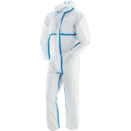 Tuta di Protezione Sottozero Bio Kem Tipo 4/5/6 – DPI 3ª Categoria, Polipropilene e Polietilene 63g/m², Tipo 4 UNI EN ISO 14605, Tipo 5 EN ISO 13982-1, Tipo 6 EN ISO 13034, Cuciture Nastrate, Doppio Cursore, Antistatica EN 1149-5, Radioattiva EN 1073-2